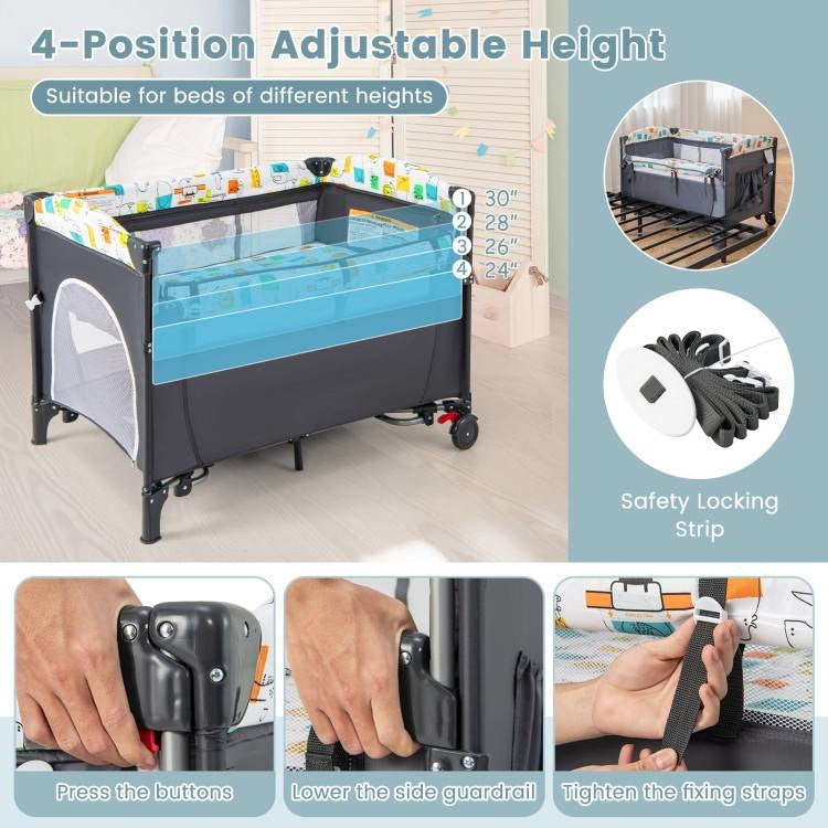 Grey Foldable Baby/Toddler Playpen Bassinet Bed Crib Music Box