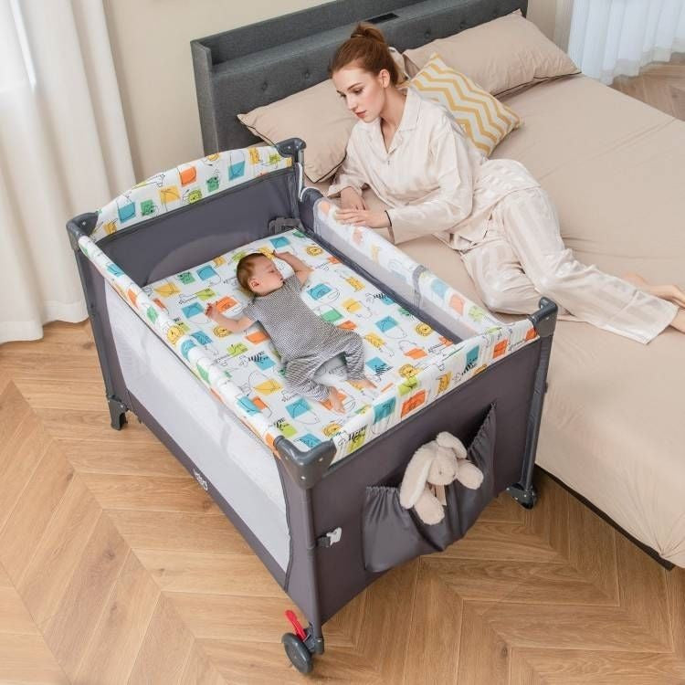Grey Foldable Baby/Toddler Playpen Bassinet Bed Crib Music Box