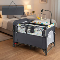 Grey Foldable Baby/Toddler Playpen Bassinet Bed Crib Music Box