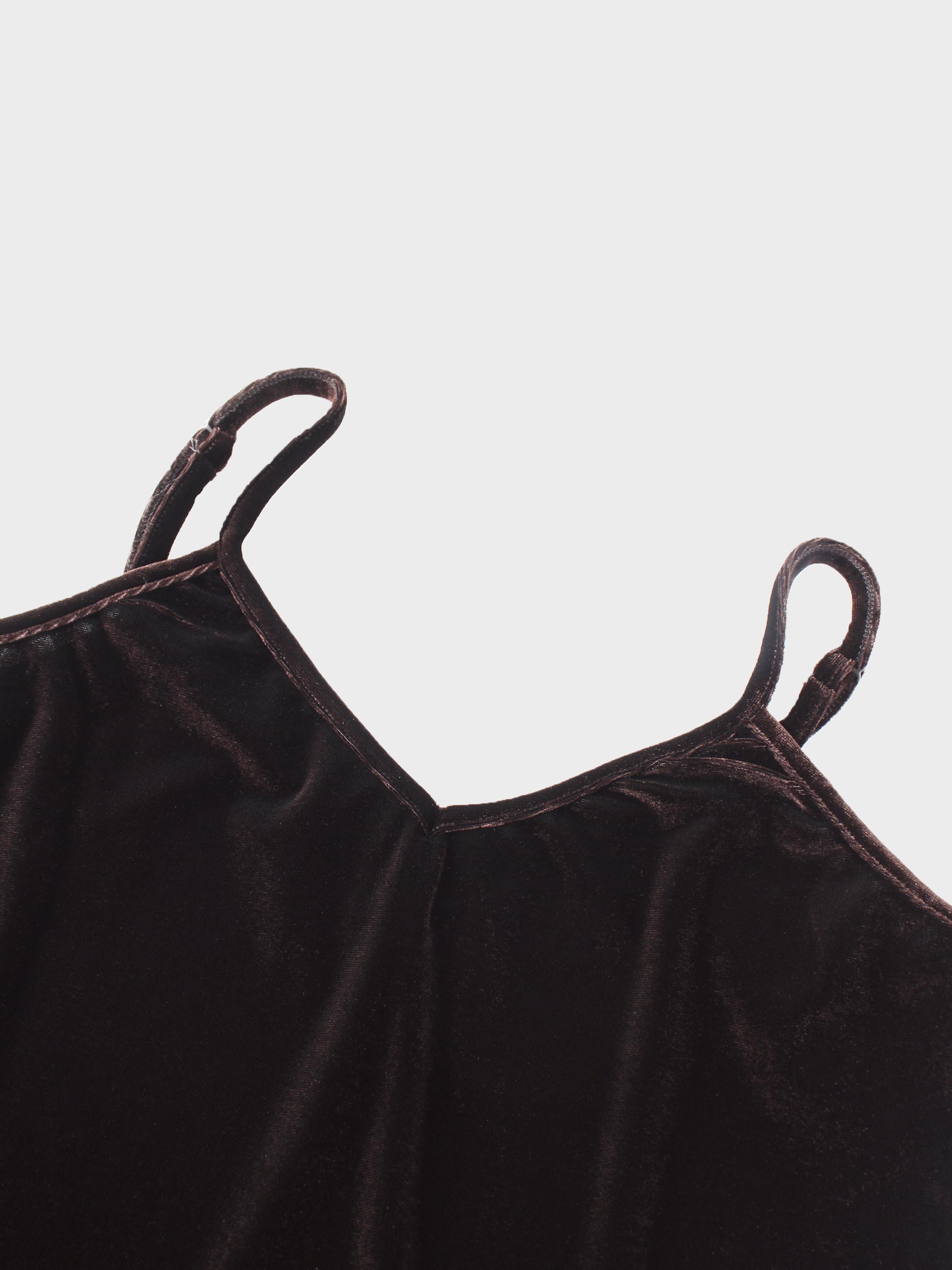 V-Neck Velour Slip Dress-Brown