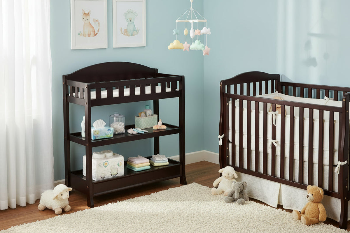 Modern Dark Brown Wooden Baby Changing Table with Safety Rail Pad and Strap