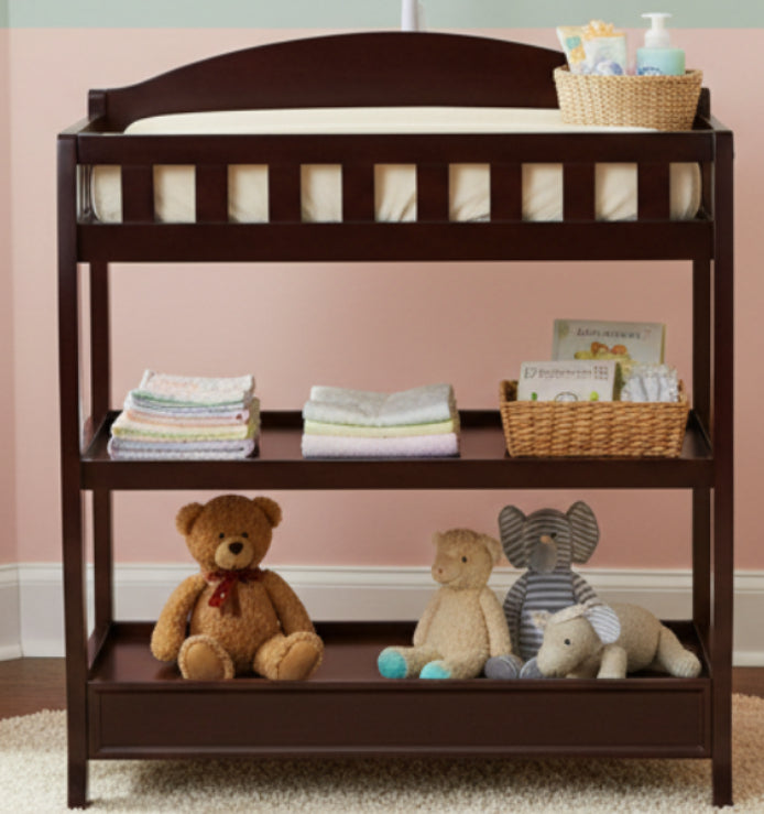 Modern Dark Brown Wooden Baby Changing Table with Safety Rail Pad and Strap