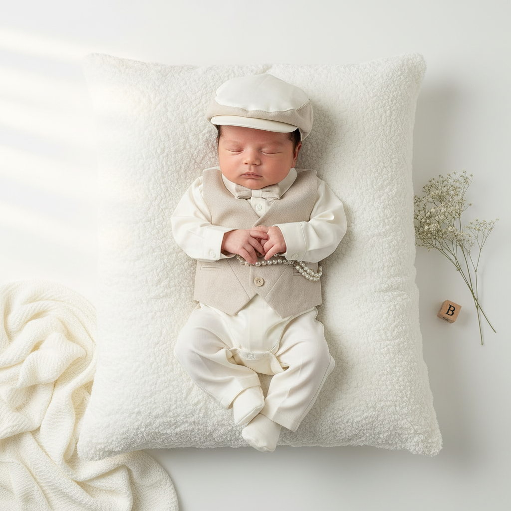 Little Duke Baby Vest Set and Hat Linen Blend Baptism Outfit for Boys