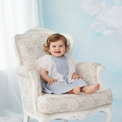 Blue Grey Tweed Infantium victoria Baby Dress Organic Cotton Tulle Luxe