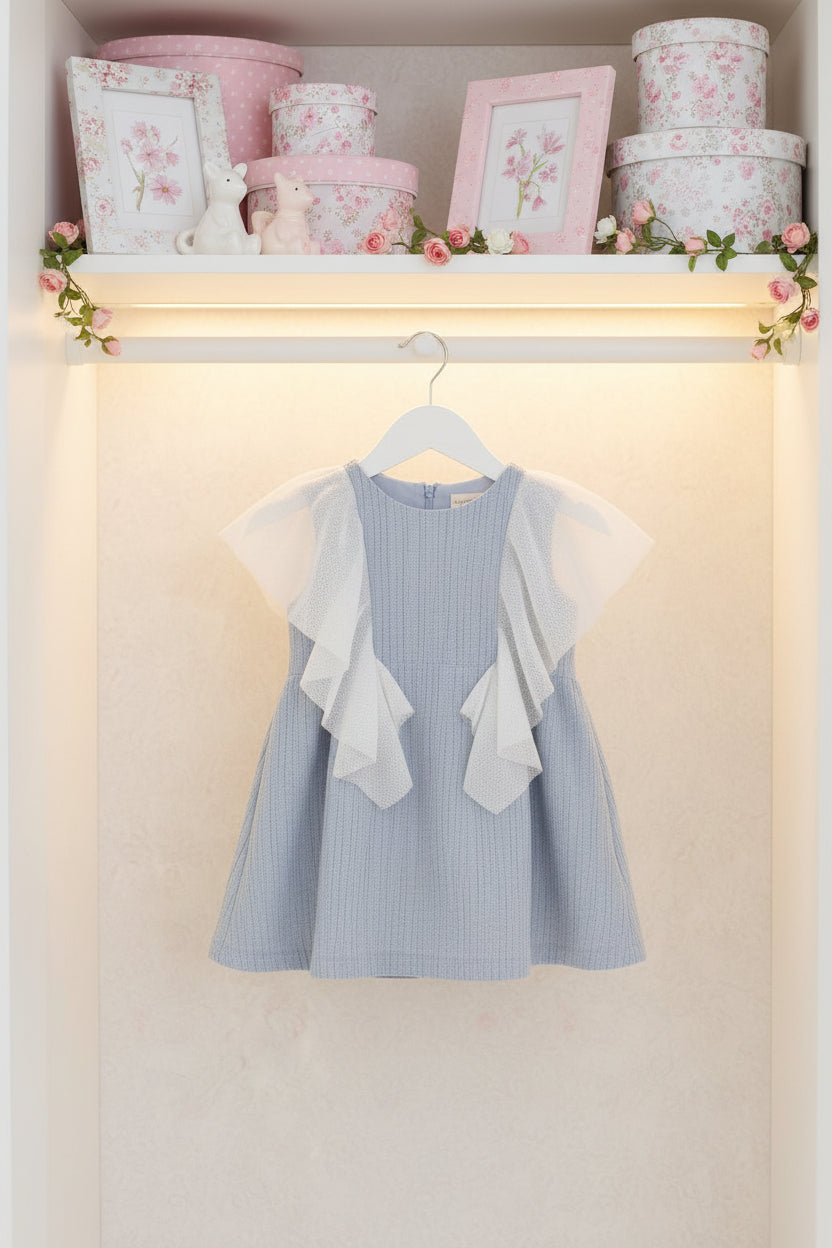 Blue Grey Tweed Infantium victoria Baby Dress Organic Cotton Tulle Luxe