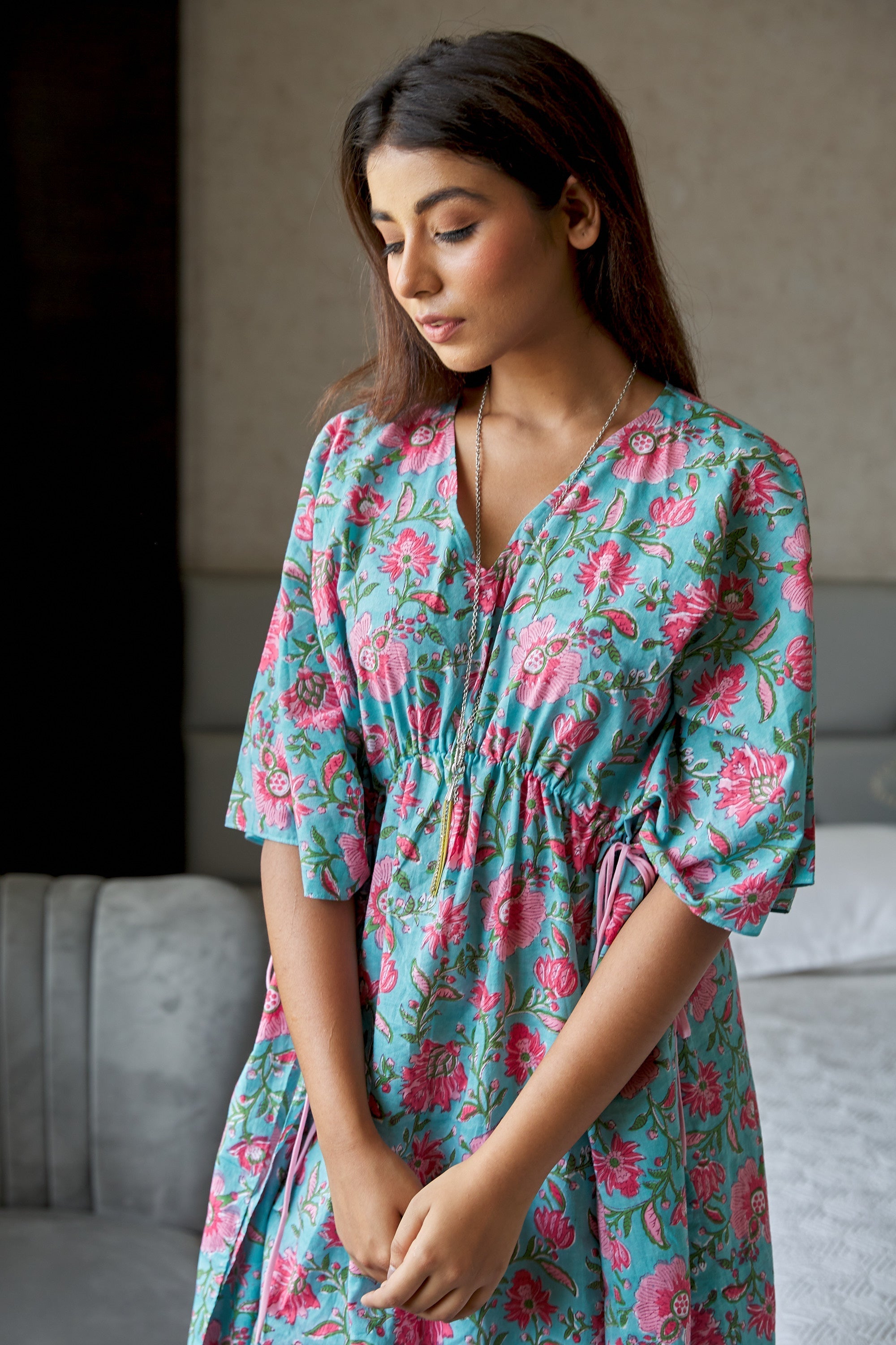 Blue Floral Cotton Kaftan Dress