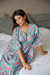 Blue Floral Cotton Kaftan Dress