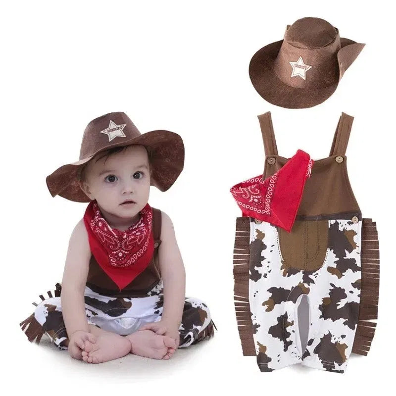 Color: Brown, Kid Size: 6M - Baby Boy Clothes cowboy Costume Infant Toddler Cowboy Set 3Pcs Hat Scarf Romper Halloween Event Birthday Holiday Cosplay Outfits