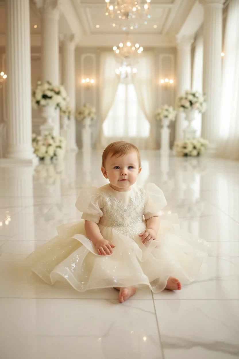 Kid Size: 5, Color: Khaki - Baby Girls Birthday Dress Elegant Princess Gown High-End Sequin Tulle Tutu Dresses Cake Special Occasions Toddler Party Clothes