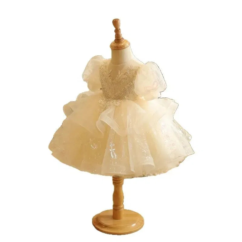 Kid Size: 13, Color: Khaki - Baby Girls Birthday Dress Elegant Princess Gown High-End Sequin Tulle Tutu Dresses Cake Special Occasions Toddler Party Clothes