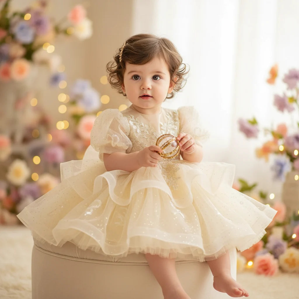 Kid Size: 5, Color: Khaki - Baby Girls Birthday Dress Elegant Princess Gown High-End Sequin Tulle Tutu Dresses Cake Special Occasions Toddler Party Clothes