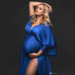Color: Blue - Boho Maternity Photography Props V Neck Dresses Free Size Adjustable Soft Pregnancy Photo Shoot Sides Slit For Baby Shower