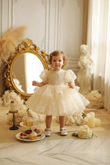 Kid Size: 5, Color: Khaki - Baby Girls Birthday Dress Elegant Princess Gown High-End Sequin Tulle Tutu Dresses Cake Special Occasions Toddler Party Clothes