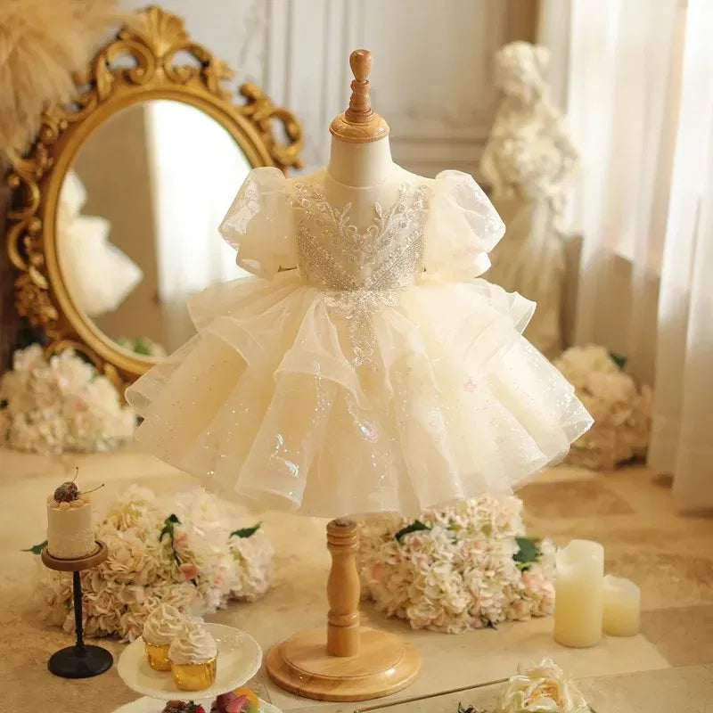Kid Size: 13, Color: Khaki - Baby Girls Birthday Dress Elegant Princess Gown High-End Sequin Tulle Tutu Dresses Cake Special Occasions Toddler Party Clothes