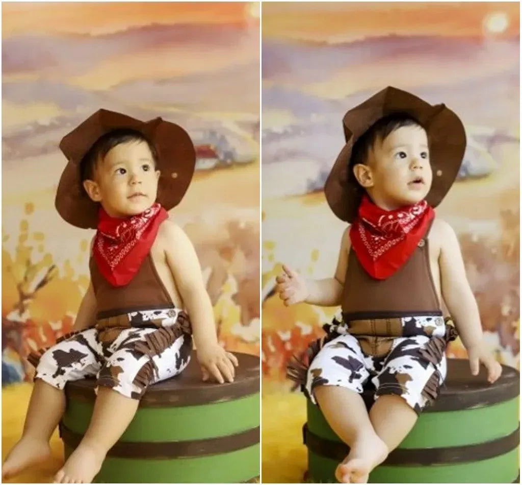 Color: Turquoise, Kid Size: 3M - Baby Boy Clothes cowboy Costume Infant Toddler Cowboy Set 3Pcs Hat Scarf Romper Halloween Event Birthday Holiday Cosplay Outfits