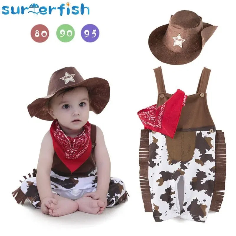 Color: Turquoise, Kid Size: 3M - Baby Boy Clothes cowboy Costume Infant Toddler Cowboy Set 3Pcs Hat Scarf Romper Halloween Event Birthday Holiday Cosplay Outfits