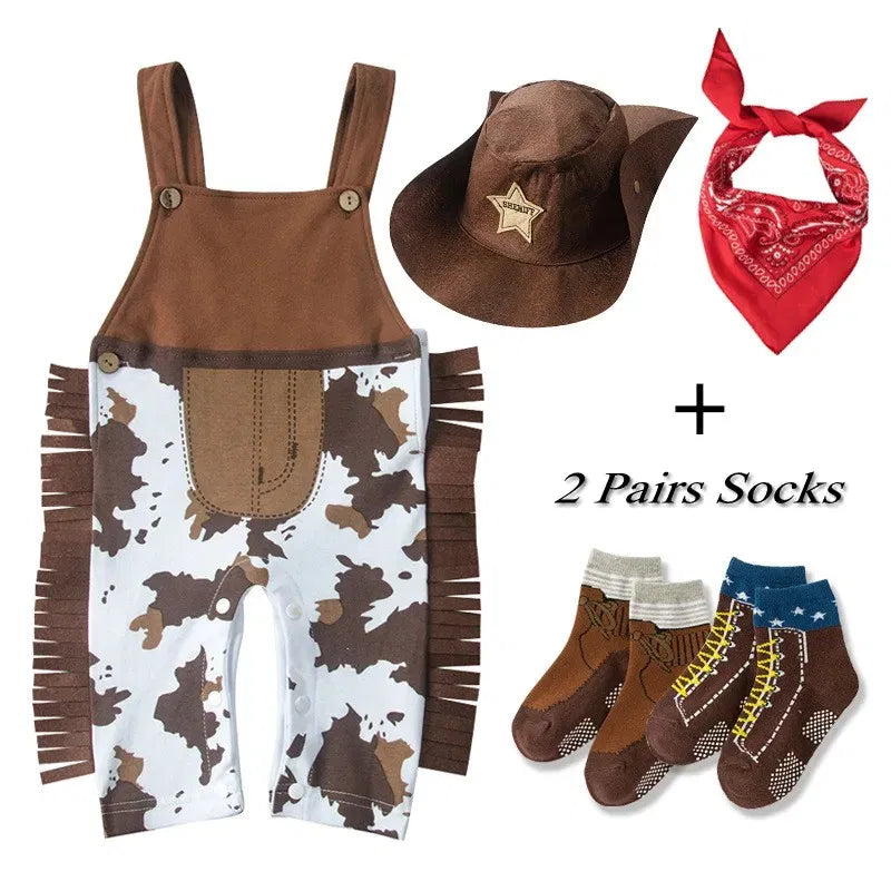 Color: Turquoise, Kid Size: 3M - Baby Boy Clothes cowboy Costume Infant Toddler Cowboy Set 3Pcs Hat Scarf Romper Halloween Event Birthday Holiday Cosplay Outfits