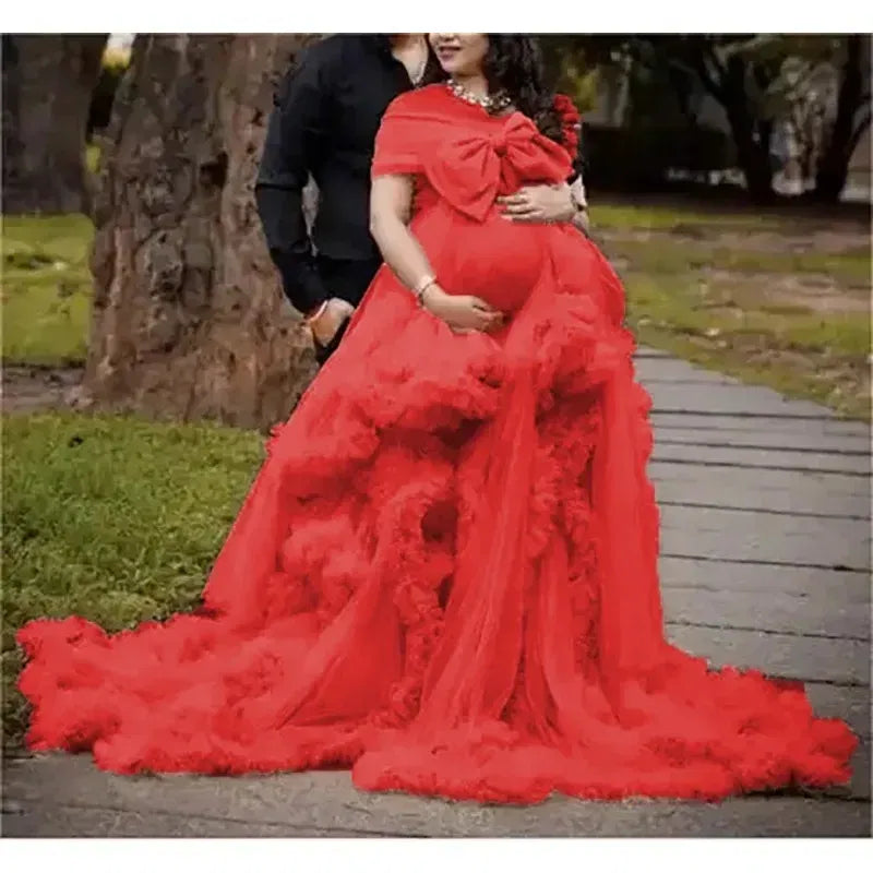 Color: Pink, Maternity Size: 4, Ships From: CHINA - BIG BOW Tulle Ruffle maternity dresses photoshoot baby shower ???? ? ?????? ?? ??&