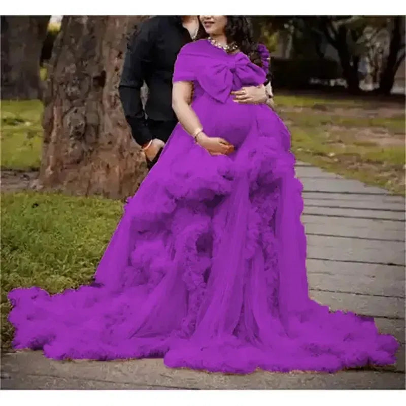 Color: Pink, Maternity Size: 4, Ships From: CHINA - BIG BOW Tulle Ruffle maternity dresses photoshoot baby shower ???? ? ?????? ?? ??&