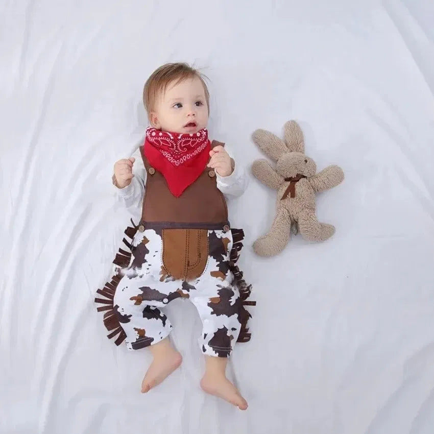 Color: Brown, Kid Size: 6M - Baby Boy Clothes cowboy Costume Infant Toddler Cowboy Set 3Pcs Hat Scarf Romper Halloween Event Birthday Holiday Cosplay Outfits