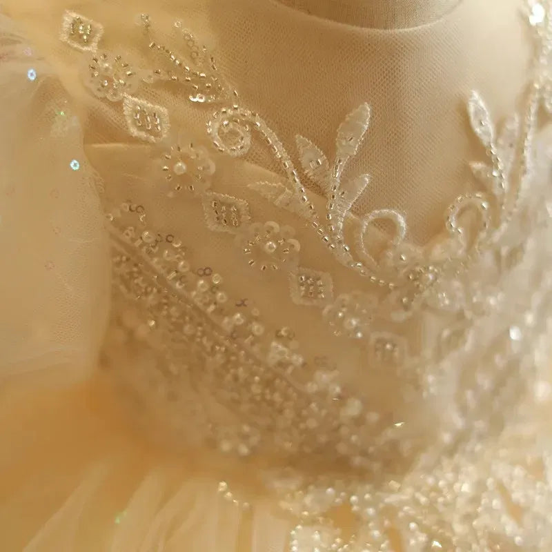 Kid Size: 5, Color: Khaki - Baby Girls Birthday Dress Elegant Princess Gown High-End Sequin Tulle Tutu Dresses Cake Special Occasions Toddler Party Clothes