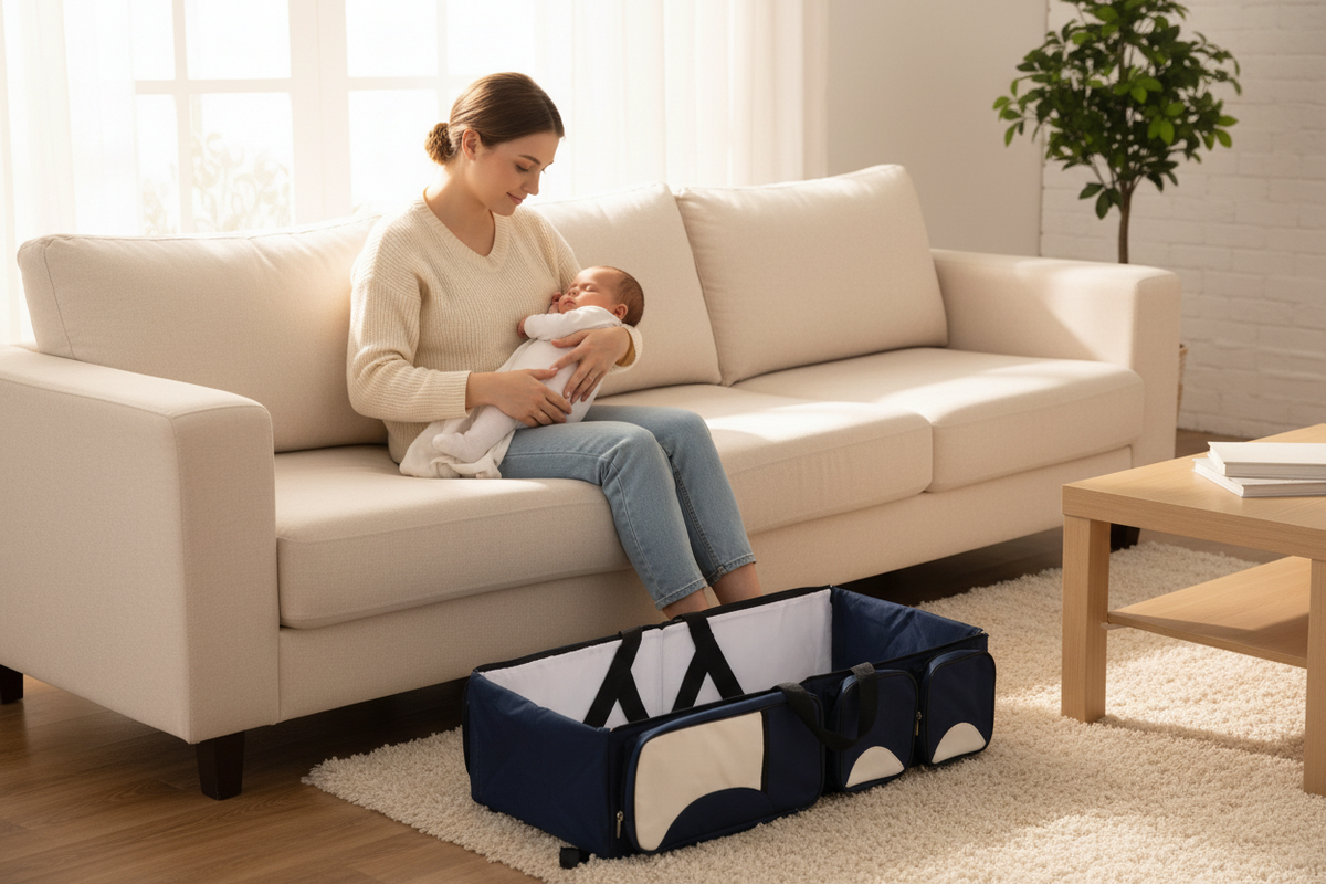 NNEDSZ Dark Blue Multifunctional Foldable Baby Crib Mommy Bag | Large Capacity Diaper Bag | Portable Shoulder and Handheld Baby Essentials Bag