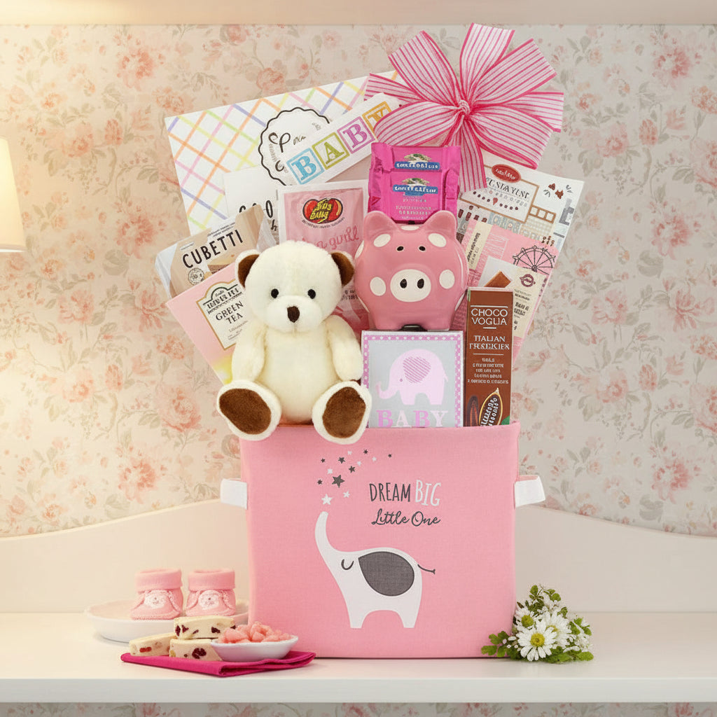 Oh Baby Gift Basket Baby Girl Plush Teddy And Ceramic Keepsake Timeless
