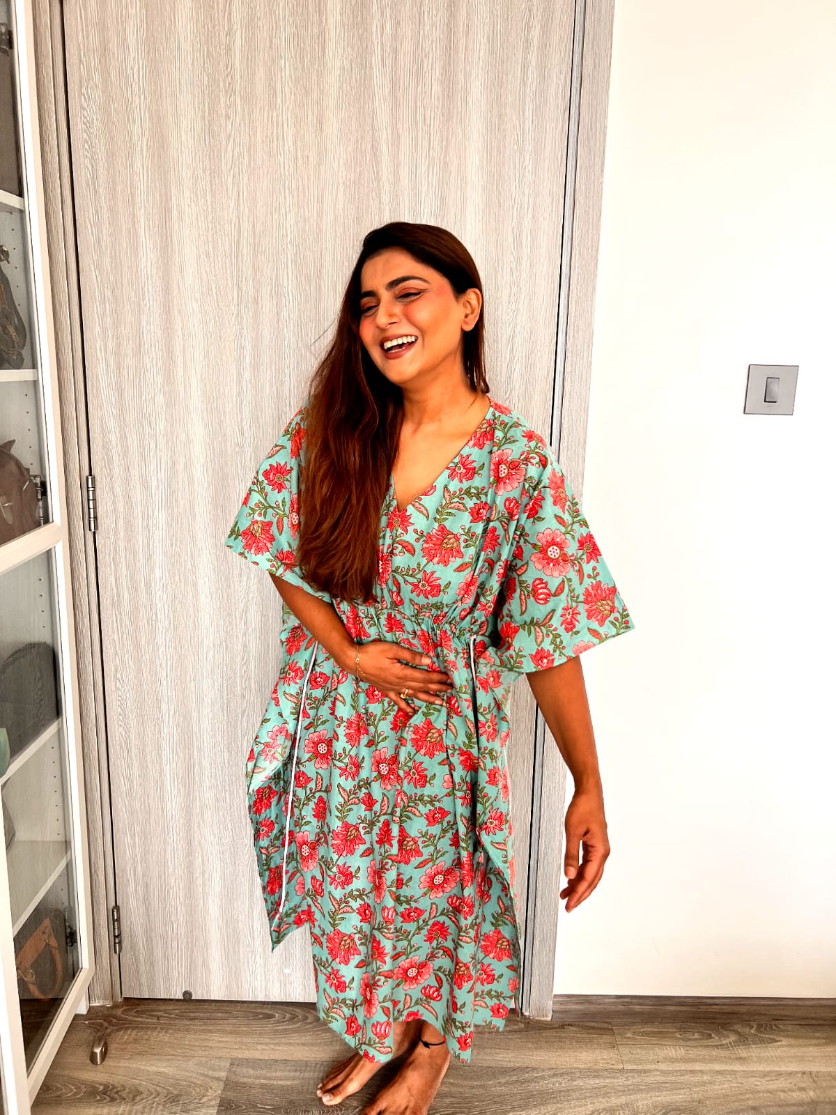 Blue Floral Cotton Kaftan Dress