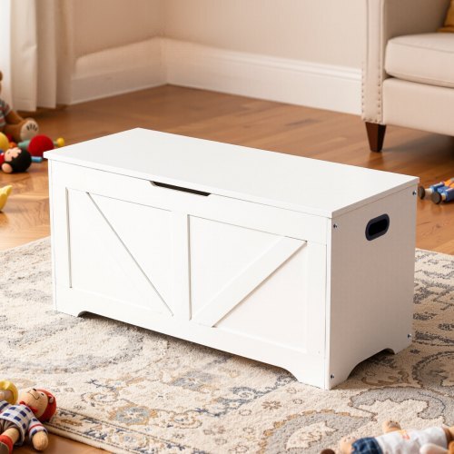 Kids Storage Bench, Wooden Toy Box Chest, Large Storage Cabinet with Safety Hinge, Toddlers Storage Bench for Playroom, Living Room or Entryway, Easy Assembly, 38.98 x 15.55 x 18.9 in, White