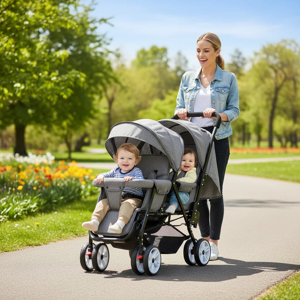 Twin Stroller Foldable With Front And Rear Seats For Two Kids
