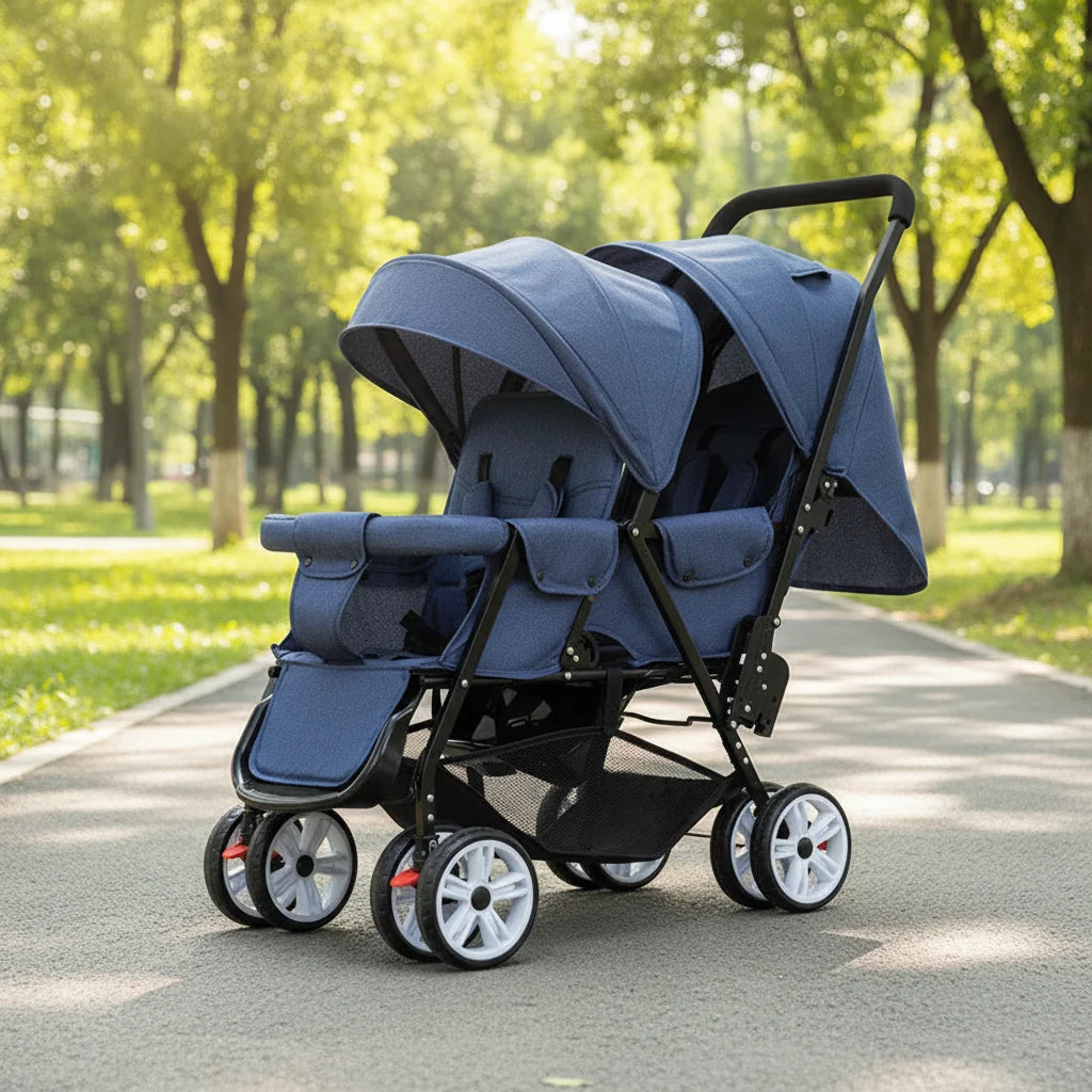 Twin Stroller Foldable With Front And Rear Seats For Two Kids