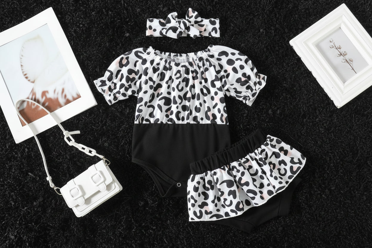 Girls Leopard Print Jumpsuit Dress And Matching Pants Headband Set