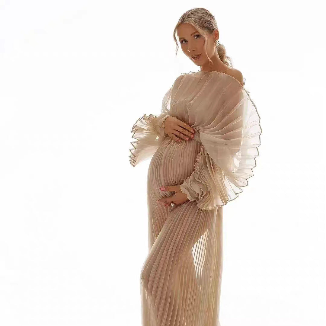 See-Through Pregnant Women With Big Belly Photo Pleated Organ Long Dress