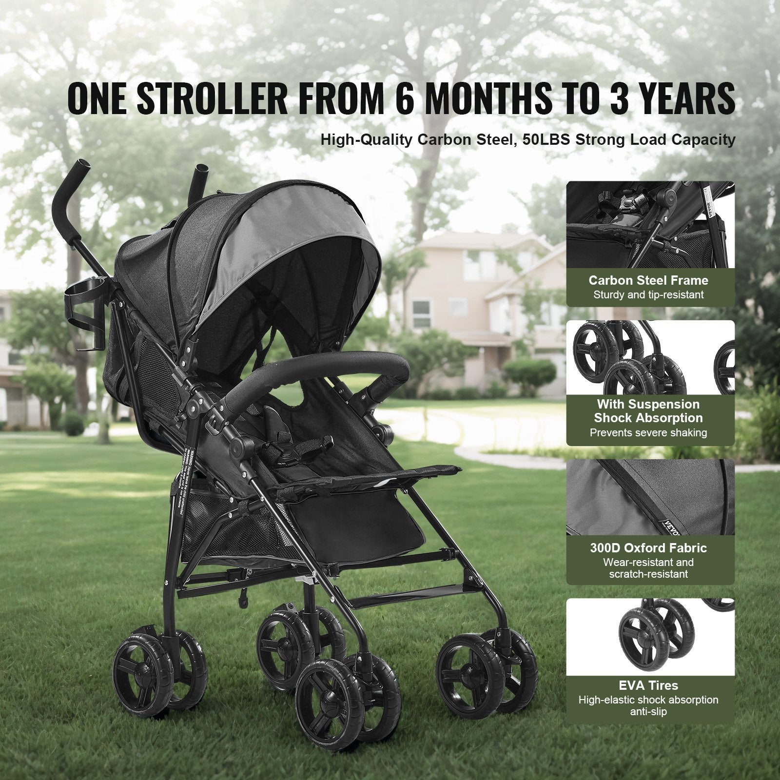 Lightweight Stroller, Compact Easy Fold MultiPosition Recline Canopy Backrest, Carbon Steel Frame, Large Storage Basket,Cup Holder, Umbrella Toddler Baby Stroller For Travel, Dark Gray/Black