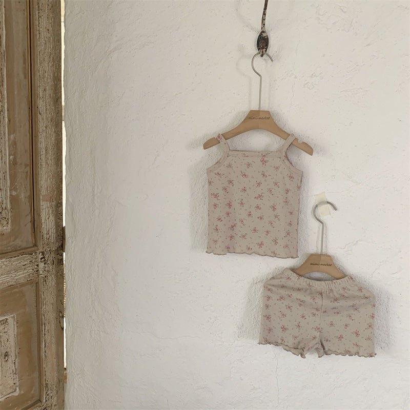 Thin Cotton Floral Suspender Shorts Two-piece Set Baby