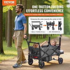 Wagon Stroller For 2 Kids, Push Pull Quad Collapsible Stroller With Adjustable Handle, Encircling Harness Removable Canopy, 4 Wheels W/ Brakes, Mutifunction Tandem Stroller For Camping Dark Grey