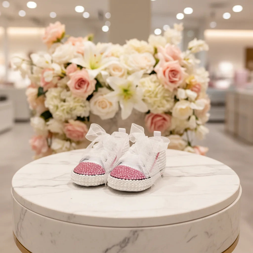Handmade White Pearl Rhinestone Baby Crib Shoes Organza Christening Wedding 0-3m
