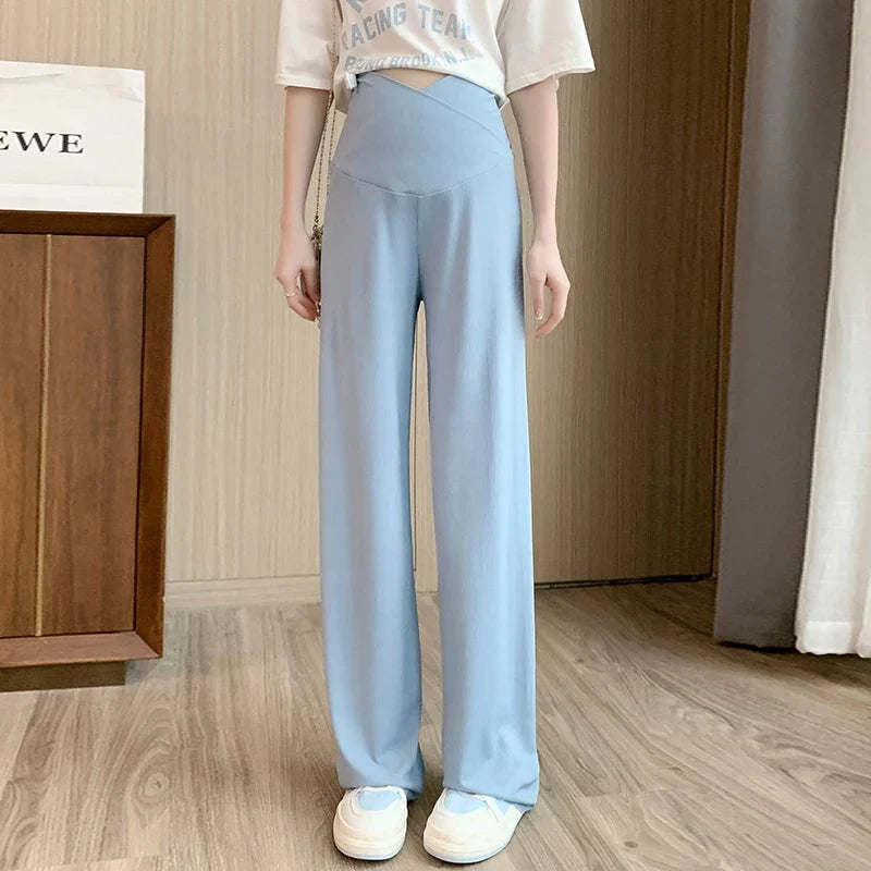 Maternity Straight Pants Summer Thin Cool Cotton Low Waist U Belly Clothes For Pregnant Women Wide Leg Loose Pregnancy Trousers