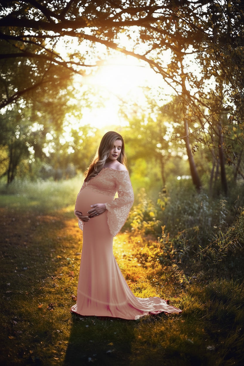 Women's Lace Long-sleeved Mercerized Cotton Off-neck Maternity Dress