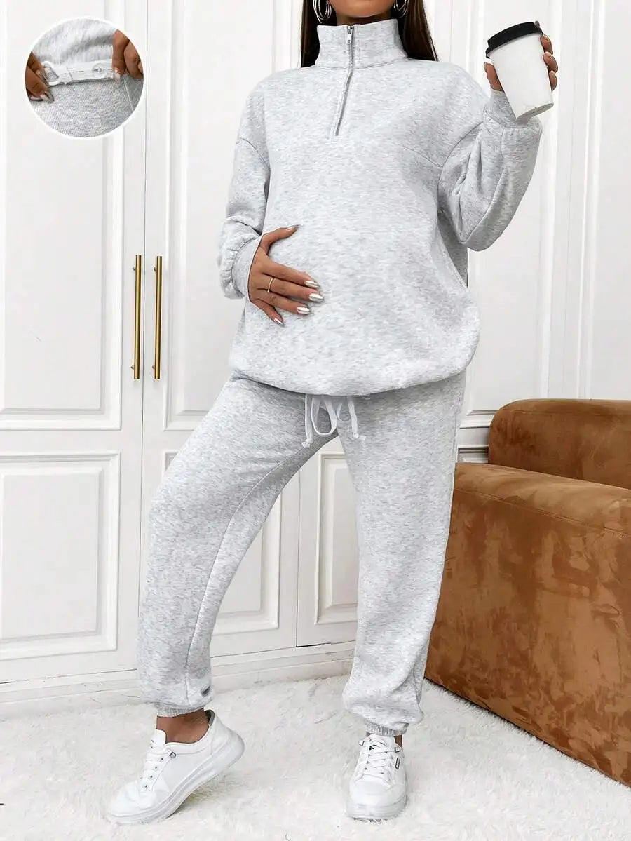 Burgundy Maternity Zip-Up Top And Jogger Pants Set Smart Casual Lounge Wear