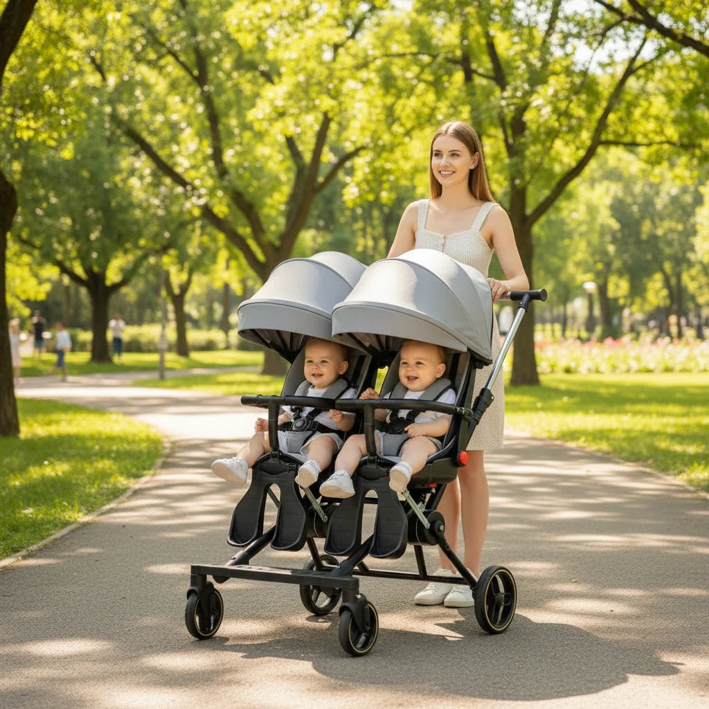 Twin Stroller Foldable Portable Four Wheel Infant Carriage