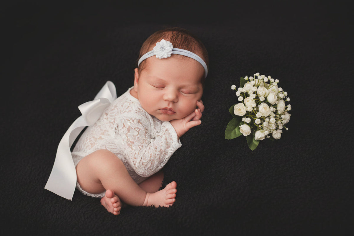 Newborn Photo Outfit Set - Lace Romper With Bow Tie And Headband