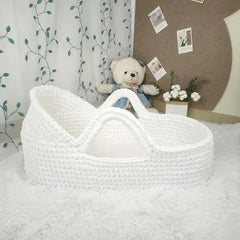 Newborn Baby Nest Lounger Cradle Crib with Wooden Frame Hand-Crocheted Bassinet Soft Mattress Portable Infant Sleeping Bed