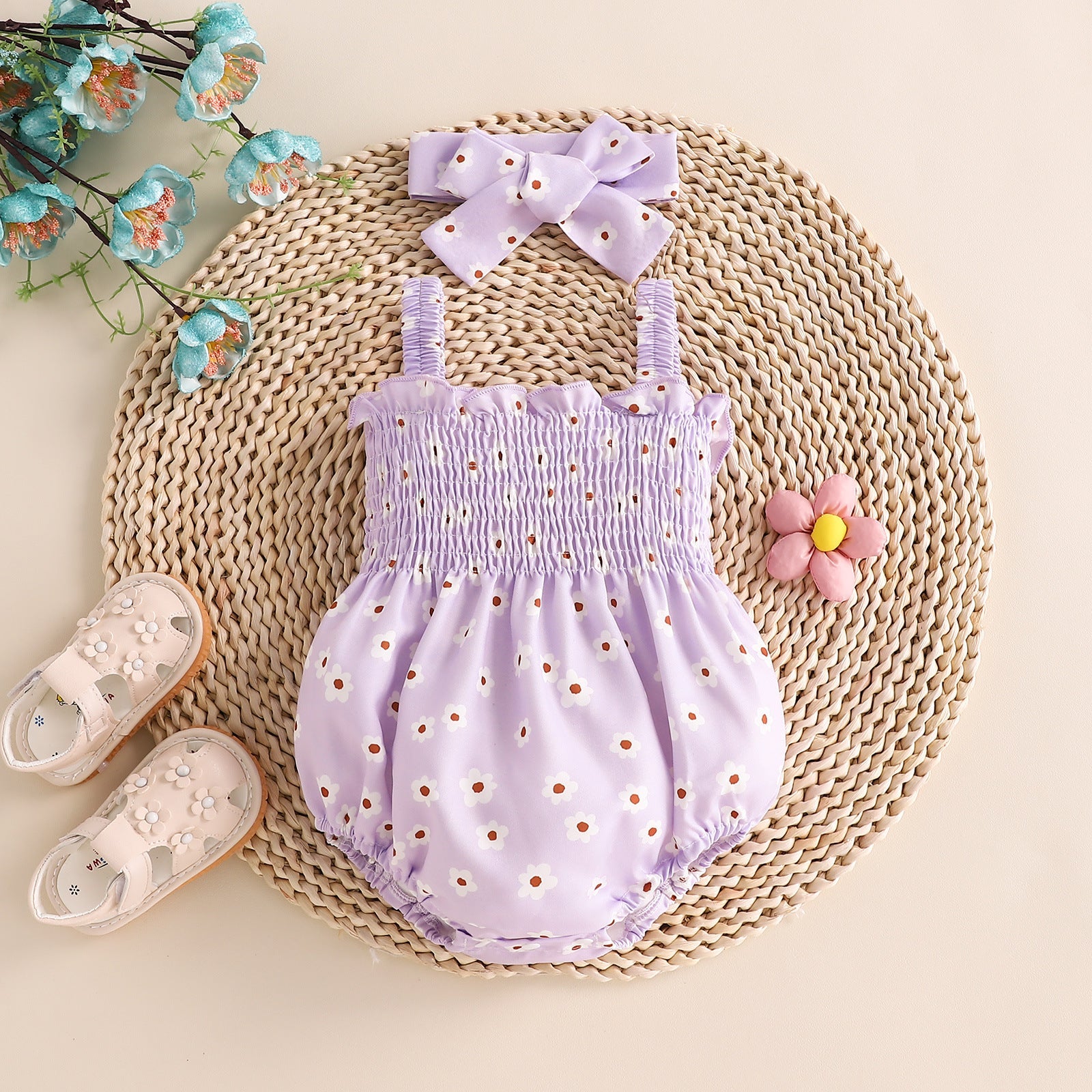 Sling Romper White Small Flower Jumpsuit Newborn