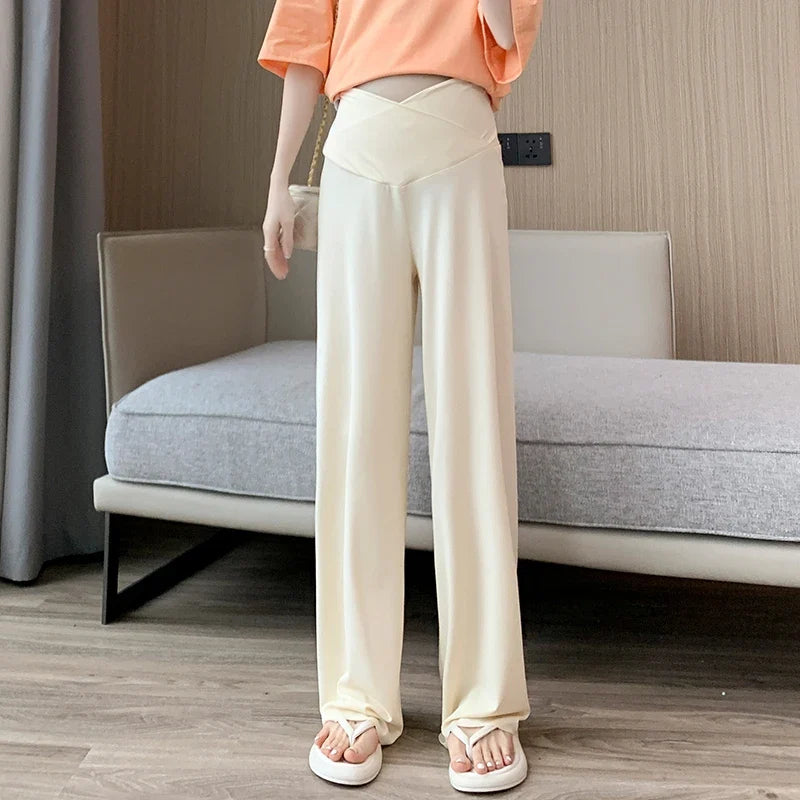 Maternity Straight Pants Summer Thin Cool Cotton Low Waist U Belly Clothes For Pregnant Women Wide Leg Loose Pregnancy Trousers
