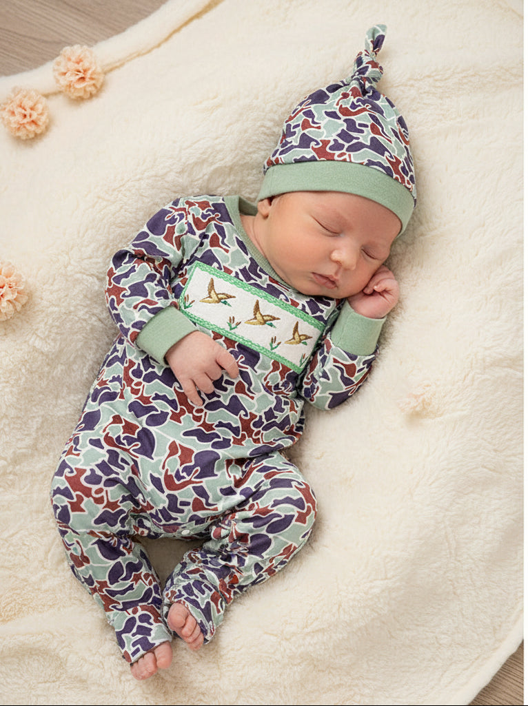 Newborn Baby Boy Outfits Long Sleeve Animal Print Romper & Hat 2Pcs Fall Winter Clothes Set