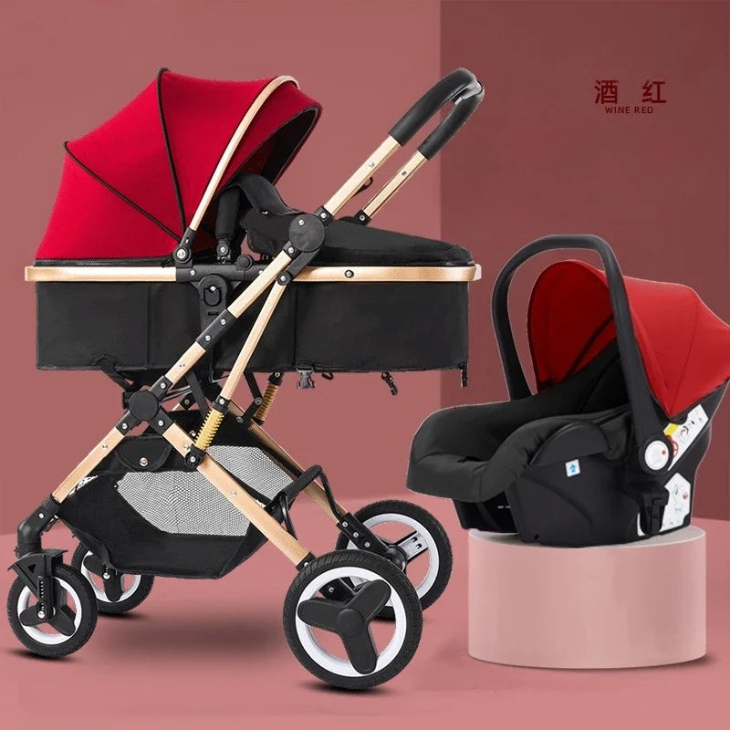 Newborn 3-in-1 Stroller with High View, Two-way Sitting and Lying Function, Baby Stroller with Carrycot and Car Safety Seat
