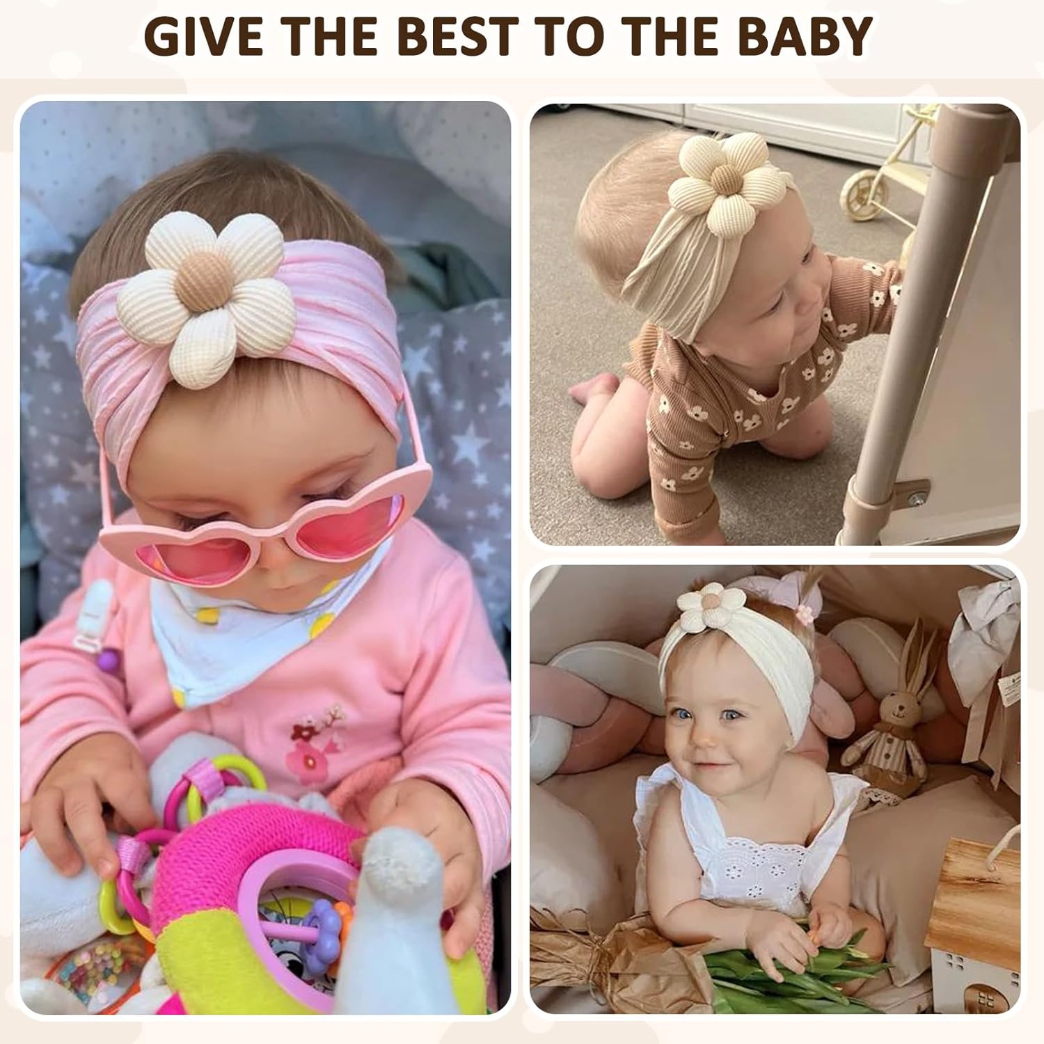 Soft Nylon Baby Flower Headbands For Newborns, Infants & Toddlers  Cute Hair Accessories For Girls Beige, Pink, Khaki