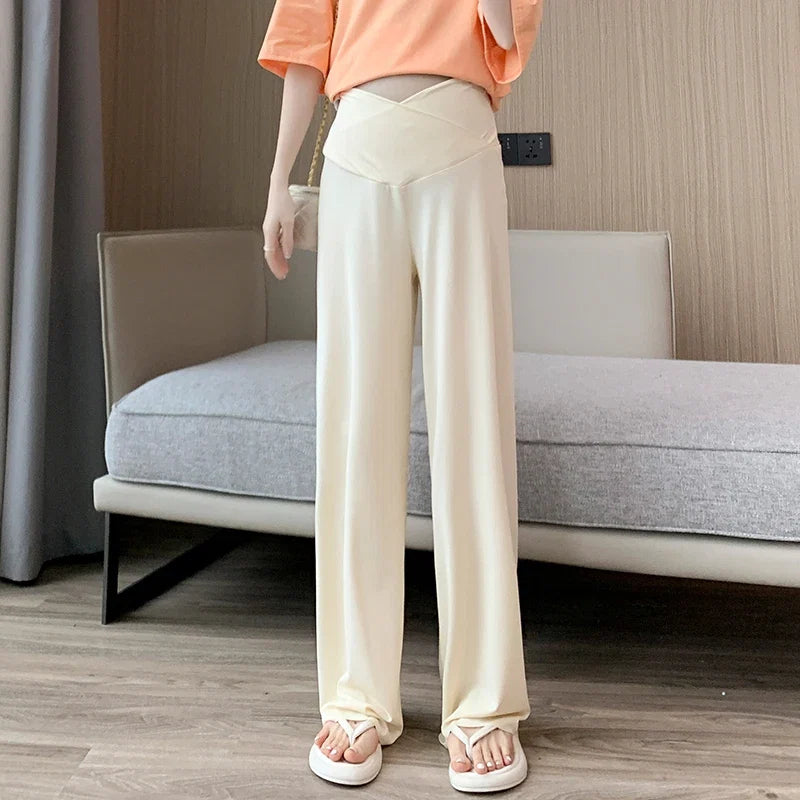 Maternity Straight Pants Summer Thin Cool Cotton Low Waist U Belly Clothes For Pregnant Women Wide Leg Loose Pregnancy Trousers