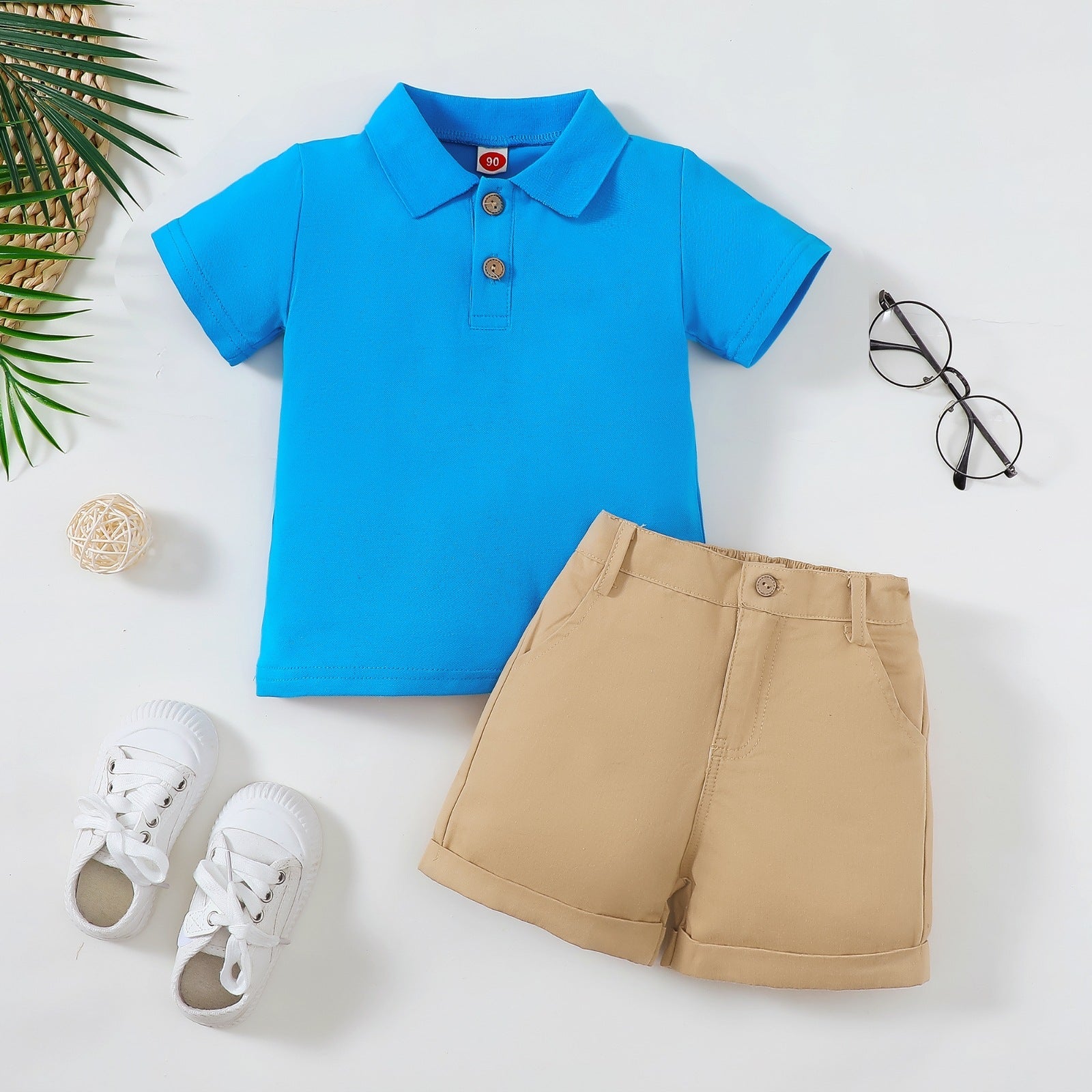 Boy's Polo Shirt Zipper Bar-tack Solid Color Shorts